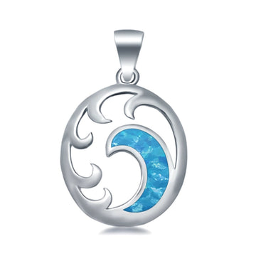 Silver Wave Lab Created Blue Opal Round 925 Sterling Silver Charm Pendant